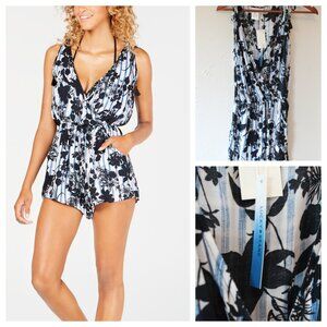 Lucky Brand Romper Swim Cover Up Floral Black Blue Large NWT